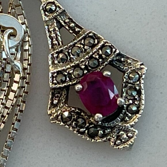 Vtg. Solid 925 Marcasite Pendant w Natural Ruby on a Solid Sterling Box Chain - Picture 14 of 16